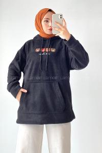 Modalamelif Kapüşonlu Kanguru Cepli Bear Baskılı Polar Sweatshirt Siyah