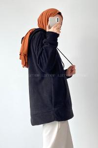 Modalamelif Kapüşonlu Kanguru Cepli Bear Baskılı Polar Sweatshirt Siyah