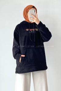 Modalamelif Kapüşonlu Kanguru Cepli Bear Baskılı Polar Sweatshirt Siyah