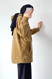 Modalamelif Kapüşonlu Kanguru Cepli Bear Baskılı Polar Sweatshirt Sütlükahve