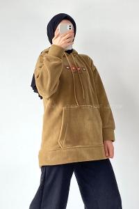 Modalamelif Kapüşonlu Kanguru Cepli Bear Baskılı Polar Sweatshirt Sütlükahve