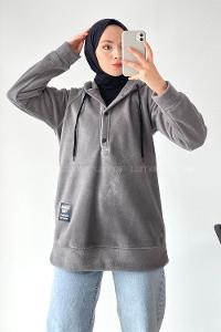 Modalamelif Kapüşonlu Önü Yarım ÇıtÇıt Düğmeli Polar Sweatshirt Füme