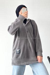 Modalamelif Kapüşonlu Önü Yarım ÇıtÇıt Düğmeli Polar Sweatshirt Füme