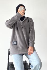 Modalamelif Kapüşonlu Önü Yarım ÇıtÇıt Düğmeli Polar Sweatshirt Füme