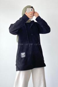 Modalamelif Kapüşonlu Önü Yarım ÇıtÇıt Düğmeli Polar Sweatshirt Siyah