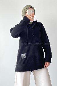 Modalamelif Kapüşonlu Önü Yarım ÇıtÇıt Düğmeli Polar Sweatshirt Siyah