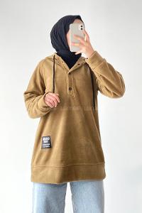 Modalamelif Kapüşonlu Önü Yarım ÇıtÇıt Düğmeli Polar Sweatshirt Sütlükahve