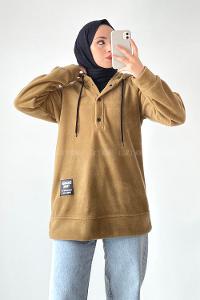 Modalamelif Kapüşonlu Önü Yarım ÇıtÇıt Düğmeli Polar Sweatshirt Sütlükahve