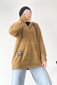 Modalamelif Kapüşonlu Önü Yarım ÇıtÇıt Düğmeli Polar Sweatshirt Sütlükahve