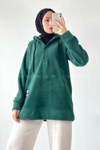 Modalamelif Kapüşonlu Önü Yarım ÇıtÇıt Düğmeli Polar Sweatshirt Zümrüt