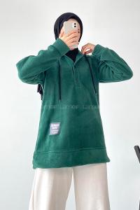 Modalamelif Kapüşonlu Önü Yarım ÇıtÇıt Düğmeli Polar Sweatshirt Zümrüt