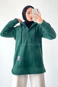 Modalamelif Kapüşonlu Önü Yarım ÇıtÇıt Düğmeli Polar Sweatshirt Zümrüt
