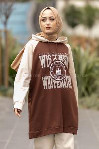 Modalamelif Kapüşonlu Yazı Baskılı Renk Garnili Detaylı Tunik Kahverengi-Krem