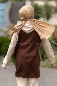 Modalamelif Kapüşonlu Yazı Baskılı Renk Garnili Detaylı Tunik Kahverengi-Krem