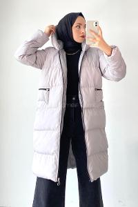 Modalamelif Önü Fermuarlı Şişme Mont Koyu Açık Gri