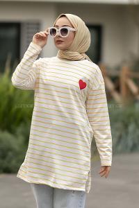 Modalamelif Renk Garnili Çizgi Desenli Kalp Nakışlı Sweat Beyaz-Sarı