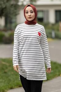 Modalamelif Renk Garnili Çizgi Desenli Kalp Nakışlı Sweat Beyaz-Siyah