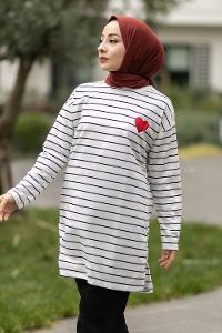 Modalamelif Renk Garnili Çizgi Desenli Kalp Nakışlı Sweat Beyaz-Siyah