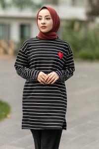 Modalamelif Renk Garnili Çizgi Desenli Kalp Nakışlı Sweat Siyah-Beyaz