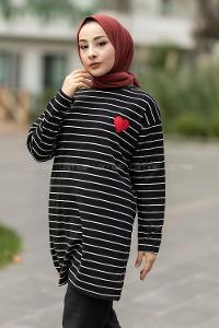 Modalamelif Renk Garnili Çizgi Desenli Kalp Nakışlı Sweat Siyah-Beyaz