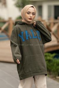 Modalamelif Yale Yazı Baskılı Kapüşon Detaylı Kanguru Cepli Sweat Haki