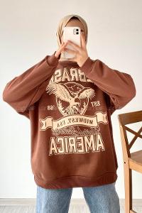 Modalamelif  Bisiklet Yaka Nebraska Baskılı Sweat Acıkahve