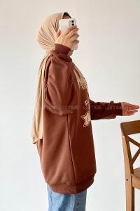 Modalamelif  Bisiklet Yaka Nebraska Baskılı Sweat Acıkahve