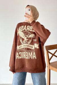 Modalamelif  Bisiklet Yaka Nebraska Baskılı Sweat Acıkahve