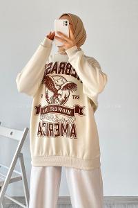 Modalamelif  Bisiklet Yaka Nebraska Baskılı Sweat Krem