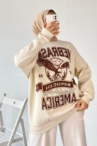 Modalamelif  Bisiklet Yaka Nebraska Baskılı Sweat Krem