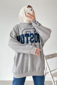 Modalamelif Boston Yazı Basklı Kapüşonlu Sweat Gri