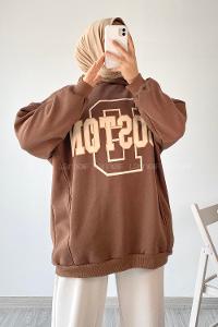 Modalamelif Boston Yazı Basklı Kapüşonlu Sweat Kahverengi