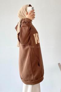 Modalamelif Boston Yazı Basklı Kapüşonlu Sweat Kahverengi