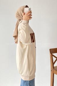 Modalamelif Boston Yazı Basklı Kapüşonlu Sweat Krem