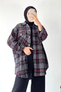 Modalamelif Kapak Çift Cep Detaylı Ekose Salaş Gömlek Siyah