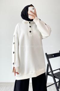 Modalamelif Önü Yarım Düğmeli Kol Düğme Detaylı Sweat Beyaz