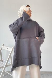 Modalamelif Yanı Düğme Detaylı Oversize Sweatshirt Füme