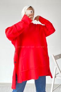 Modalamelif Yanı Düğme Detaylı Oversize Sweatshirt Nar Çiçeği