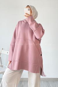 Modalamelif Yanı Düğme Detaylı Oversize Sweatshirt Pudra
