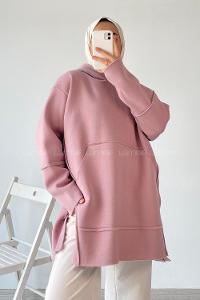Modalamelif Yanı Düğme Detaylı Oversize Sweatshirt Pudra