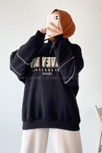 Modalamelif  Yarım Fermuar Yaka Detaylı Yazı Basklı Sweat Siyah