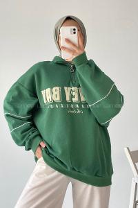 Modalamelif  Yarım Fermuar Yaka Detaylı Yazı Basklı Sweat Yeşil