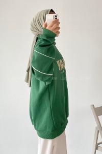 Modalamelif  Yarım Fermuar Yaka Detaylı Yazı Basklı Sweat Yeşil