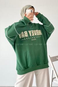 Modalamelif  Yarım Fermuar Yaka Detaylı Yazı Basklı Sweat Yeşil