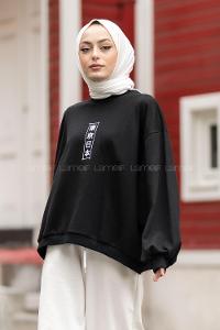 Modalamelif Bisiklet Yaka Çin Yazılı Sweatshirt Siyah