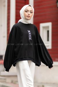 Modalamelif Bisiklet Yaka Çin Yazılı Sweatshirt Siyah