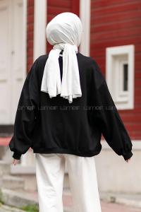 Modalamelif Bisiklet Yaka Çin Yazılı Sweatshirt Siyah