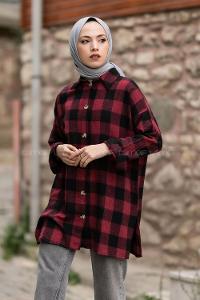 Modalamelif Ekose Desen Yırtmaçlı Gömlek Bordo-Siyah