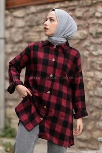 Modalamelif Ekose Desen Yırtmaçlı Gömlek Bordo-Siyah