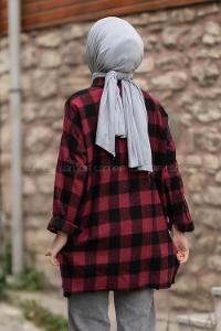 Modalamelif Ekose Desen Yırtmaçlı Gömlek Bordo-Siyah